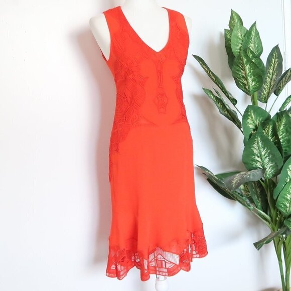 Jonathan Simkhai Red V-neck Sleeveless Lace Appliqué Crepe Cocktail Dress 4 - Picture 5 of 15